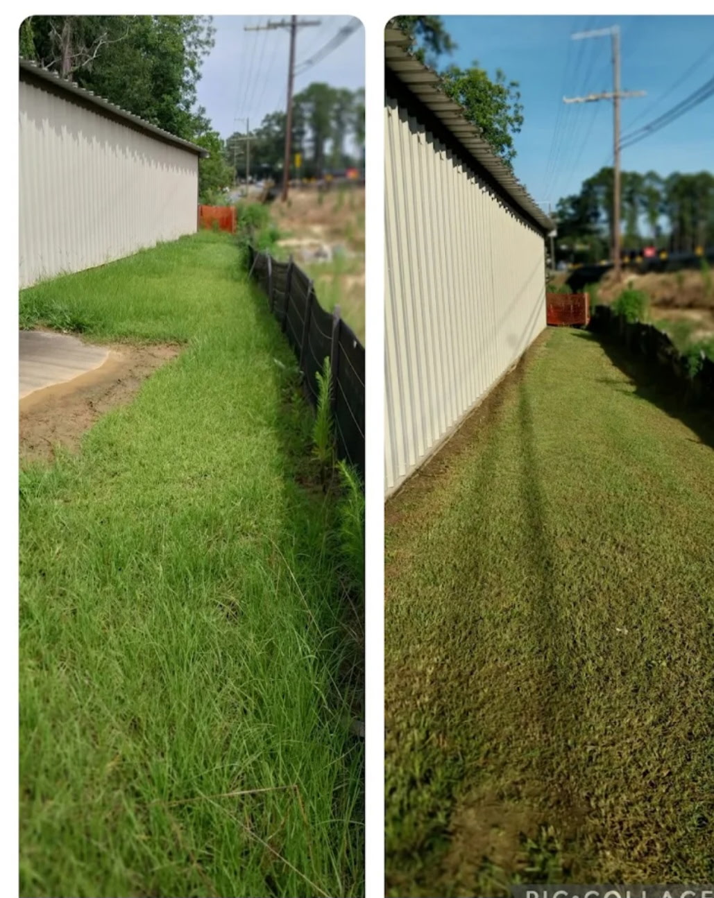 Commercial building perimeter mowing before and after